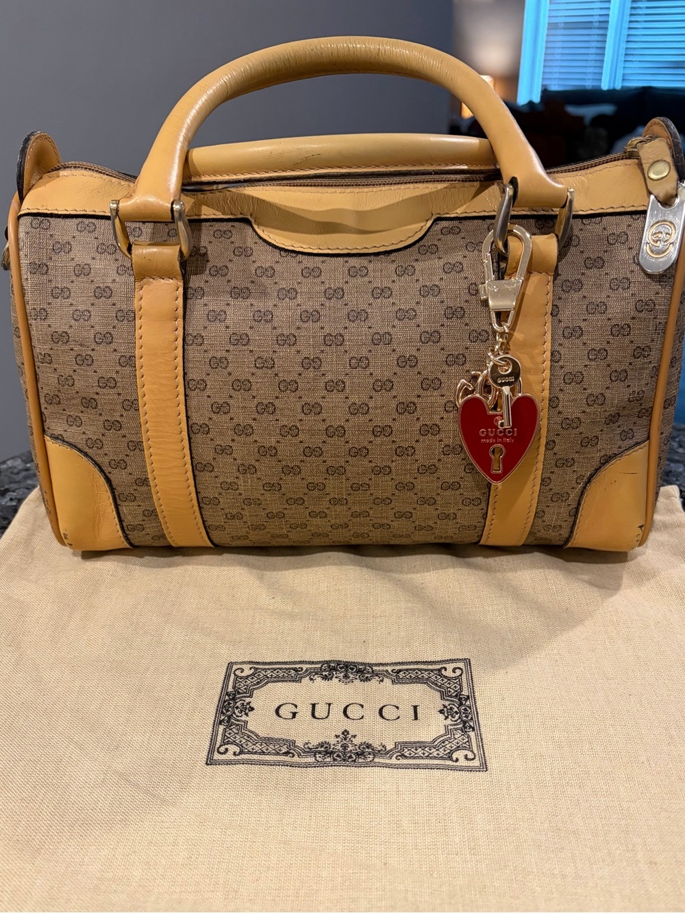 Gucci Monogram Satchel with Red Heart Charm and Tan Leather Trim